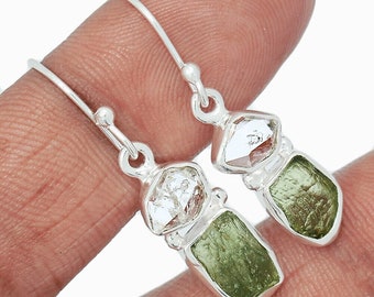 Natural Moldavite Rough Herkimer Diamond Earrings Gemstone From Czech Republic 925 Solid Sterling Silver Handmade Designer Jewelry