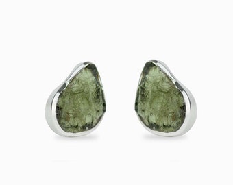 Handmade Rough Moldavite Gemstone Earrings: 925 Sterling Silver