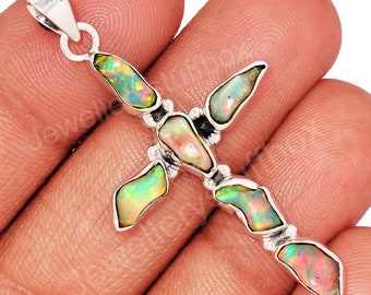 Raw Ethiopian Opal Cross Pendant: 925 Sterling Silver Gemstone Jewelry