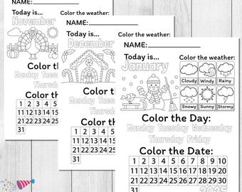 Calendario diario imprimible - Páginas - Hojas de trabajo - Niños - Descarga instantánea - Preescolar - Jardín de infancia - Primer grado - Segundo grado - Educación en casa