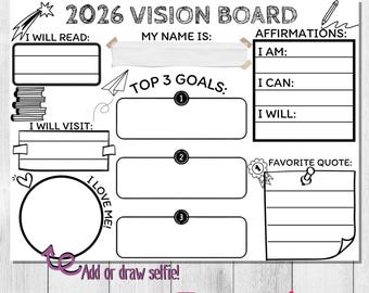Plantilla de tablero de visión, tablero de objetivos, tablero de manifestación, tableros de visión imprimibles para niños, planificador de tablero de visión 2026, afirmaciones positivas
