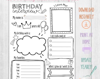 Entrevista de cumpleaños imprimible personalizada, Cuestionario de cumpleaños para niños, Recuerdo de tradición familiar, Preguntas de concurso de cumpleaños anual para niños y niñas