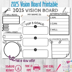 Plantilla de tablero de visión, tablero de objetivos, tablero de manifestación, tableros de visión imprimibles para niños, planificador de tablero de visión 2025, afirmaciones positivas
