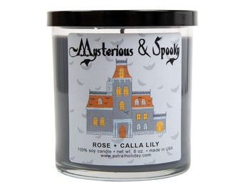 Mysterious and Spooky Soy Candle 8 Oz Soy Candle Rose and Calla Lily Scented Halloween Decor Haunted House Candle Cozy Room Decor Wednesday