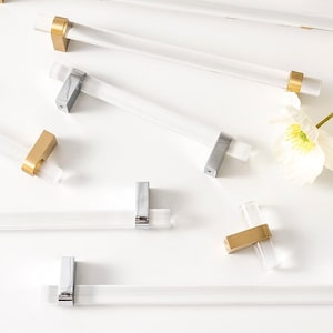 Acrylic pull handles, acrylic hardware, acrylic and brass drawer pull, clear handles, handles and pulls, pulls for kitchen cabinets,