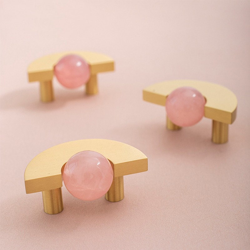 Brass and Crystal Knob Solid Brass Knob Pink Stone Knobs Etsy
