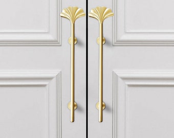 Gingko handle, decorative pulls, long pull handles, brass wardrobe handles, long cabinet pulls, long drawer handles, gold drawer handle