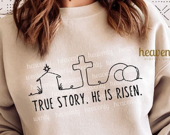 Waargebeurd verhaal SVG Christelijk PNG Sublimatieontwerp Hij is opgestaan Snijbestand Religieus geloof T-shirt Clipart Jezus Kruis Vrolijk Pasen Lijntekening