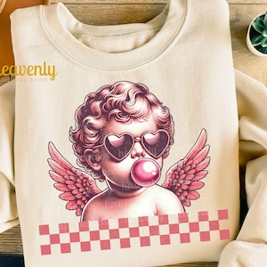 Cupido retro PNG Cupido soplando chicle Diseño de sublimación Día de San Valentín vintage PNG Lindo ángel de San Valentín PNG Descarga digital a cuadros