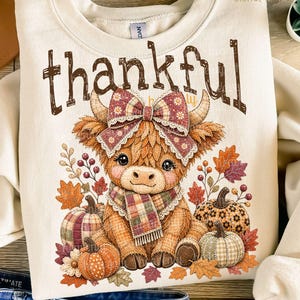 Automne chrétien PNG Faux patchwork Thanksgiving PNG Vache des Highlands Design de sublimation Foi religieuse Verset biblique Jésus PNG Téléchargement numérique