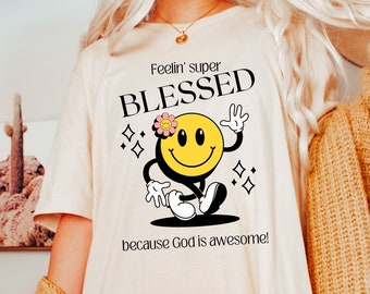 Front and Back PNG Retro Christian Print on demand Png Sublimation Design Feeling Blessed PNG Groovy Smile Png Happy Face PNG God Faith Png