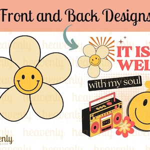 Voor- en achterkant Retro Christelijke PNG-sublimatieontwerpen Het is goed met mijn ziel PNG Groovy Daisy Smile Happy Face Christian Shirts Faith Png