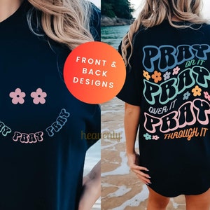 Retro christelijke SVG-voor- en achterkant PNG-sublimatieontwerp, erop bidden Bid eroverheen Bid erdoorheen, geloof PNG-bestand voor kinderen christelijk shirt gesneden