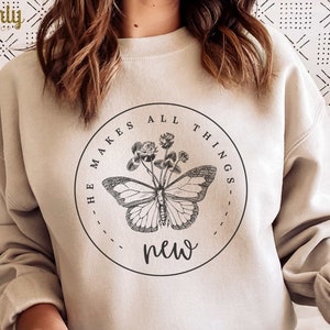 Él hace todas las cosas nuevo PNG Christian Faith Sublimation Design Butterfly Wildflower Bible Verse Camiseta Jesús Png Gráficos digitales minimalistas