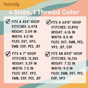 K&ouml;nnte beinhalten: Eine Grafik, die vier verschiedene Stickrahmengr&ouml;&szlig;en mit ihren entsprechenden Stichzahlen, Abmessungen in Zoll und Dateiformaten zeigt. Der Text "4 Sizes, 1 Thread Color" befindet sich oben auf der Grafik.