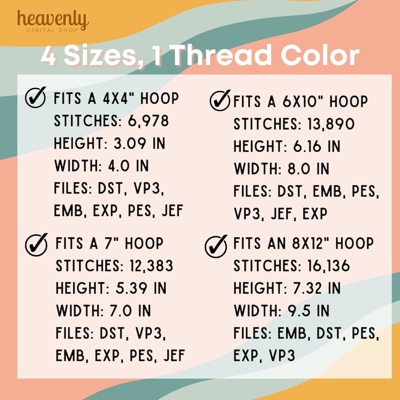 K&ouml;nnte beinhalten: Eine Grafik, die vier verschiedene Stickrahmengr&ouml;&szlig;en mit ihren entsprechenden Stichzahlen, Abmessungen in Zoll und Dateiformaten zeigt. Der Text "4 Sizes, 1 Thread Color" befindet sich oben auf der Grafik.