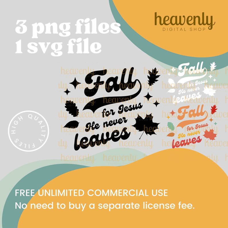 Op de afbeelding: Een digitale download van drie PNG-bestanden en &eacute;&eacute;n SVG-bestand met een herfstthema-ontwerp met de tekst "Fall for Jesus He never leaves". Het ontwerp is in zwart-wit met een witte achtergrond. De tekst is in een vet, handschrift. Het ontwerp is omgeven door kleine, gestileerde bladeren.