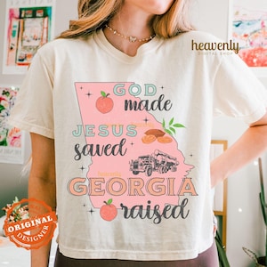 Géorgie PNG vintage chrétien PNG sublimation Design Dieu a fait Jésus a sauvé la Géorgie chemise surélevée PNG religieux Bible verset Peach State Clipart
