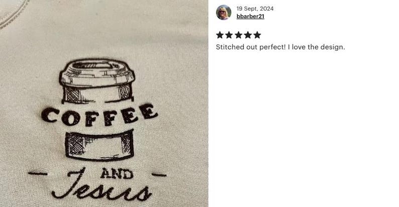 May include: A beige t-shirt with a black embroidered design of a coffee cup and the text "COFFEE AND Jesus".