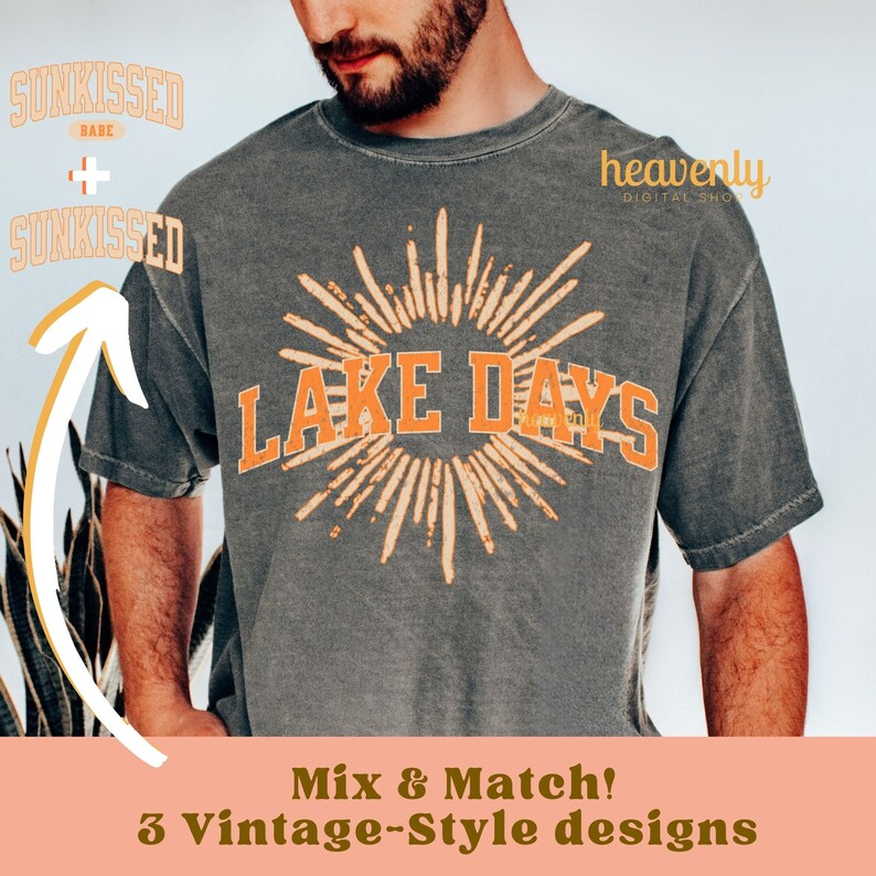 May include: A gray t-shirt with a vintage-style sunburst design and the text "LAKE DAYS" in orange. The shirt is part of a set of three vintage-style designs.
