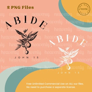 May include: A digital illustration of a leafy branch with fruit, with the word "ABIDE" in black text above the branch and "JOHN 15" in black text below the branch. The background is a peach color with a yellow and teal wave pattern.