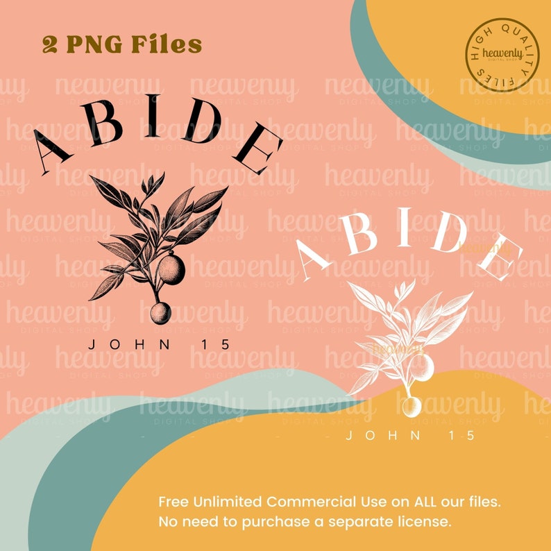 May include: A digital illustration of a leafy branch with fruit, with the word "ABIDE" in black text above the branch and "JOHN 15" in black text below the branch. The background is a peach color with a yellow and teal wave pattern.