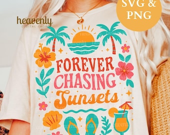 Tramonti inseguiti per sempre SVG Floreale Estivo PNG Vintage Sublimazione, Design retrò per maglietta da spiaggia, Maglietta estetica alla moda per vacanze tropicali