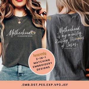 May include: Two gray t-shirts with white text. The front shirt says "Motherhood is Kingdom Work" with a heart. The back shirt says "Motherhood is my ministry. Raising Disciples of Jesus." with the scripture reference "Proverbs 22:6".