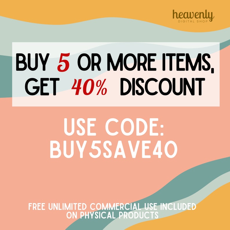 K&ouml;nnte beinhalten: Eine Grafik mit einem Pfirsichhintergrund und wellenf&ouml;rmigen blauen und gelben Linien. Der Text lautet "KAUFE 5 ODER MEHR ARTIKEL, ERHALTE 40% RABATT. VERWENDE CODE: BUY5SAVE40. KOSTENLOSE UNBEGRENZTE KOMMERZIELLE NUTZUNG INKLUSIVE F&Uuml;R PHYSISCHE PRODUKTE."