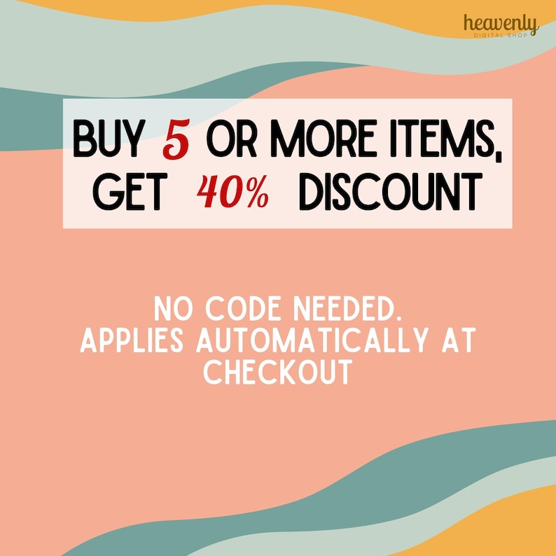 May include: A promotional graphic with a peach background and teal and yellow wave accents. Text in a white rectangle reads "BUY 5 OR MORE ITEMS, GET 40% DISCOUNT." Additional text states "NO CODE NEEDED. APPLIES AUTOMATICALLY AT CHECKOUT."