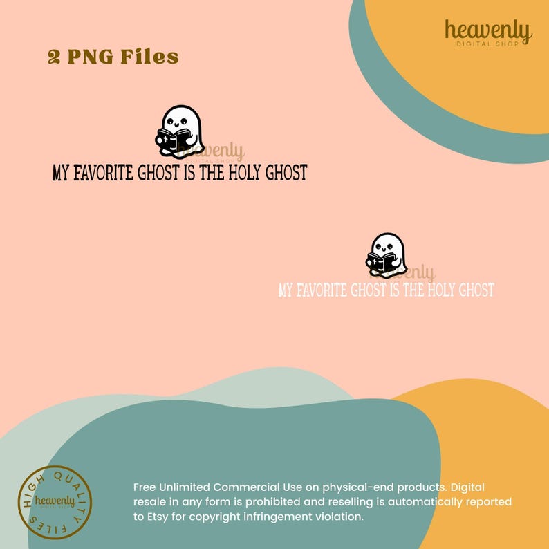 K&ouml;nnte beinhalten: Zwei digitale Downloads eines niedlichen Cartoon-Geistes, der ein Buch liest mit dem Text "My Favorite Ghost is the Holy Ghost". Der Hintergrund ist pfirsichfarben mit einem Wellenmuster in Teal und Gelb.