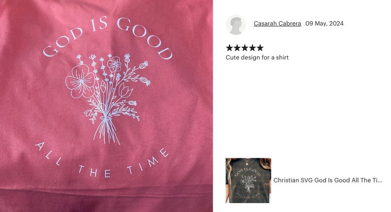 Peut inclure: Un t-shirt rose avec un motif blanc qui dit "Dieu est bon tout le temps" avec une illustration florale.