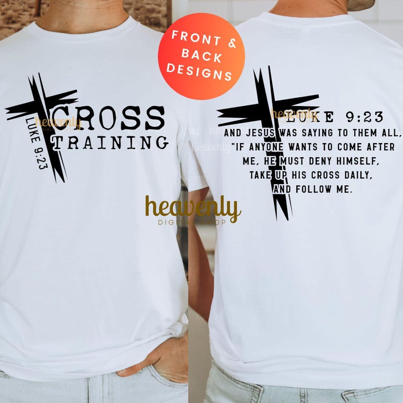 May include: White t-shirt with a black cross design and the words "CROSS TRAINING" on the front. The back of the shirt features a cross design and a Bible verse from Luke 9:23. The shirt has a crew neck.