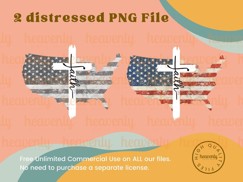 May include: Two distressed digital images of the American flag with a white cross and the word "Faith" written vertically on the cross. The images are in PNG format.