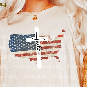 May include: A white t-shirt featuring a distressed American flag design and a white cross with the word "Faith" written on it.