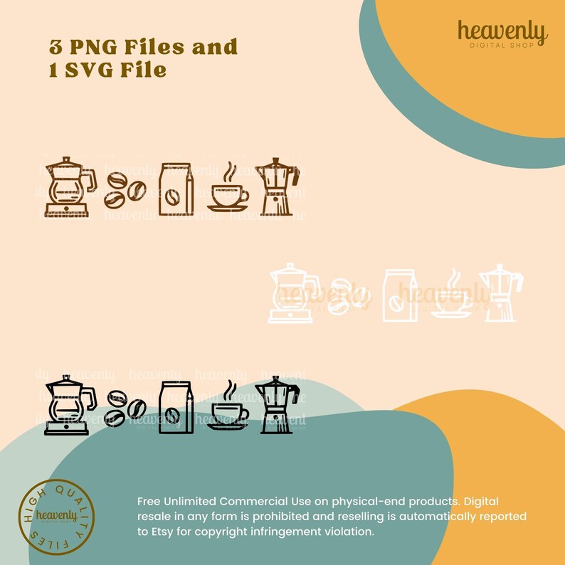 May include: A set of five black and white line drawings of coffee-related items. The items include a coffee pot, a cup of coffee, a bag of coffee beans, coffee beans, and a coffee maker. The text "3 PNG Files and 1 SVG File" is at the top of the image. The text "Free Unlimited Commercial Use on physical-end products. Digital resale in any form is prohibited and reselling is automatically reported to Etsy for copyright infringement violation." is at the bottom of the image.