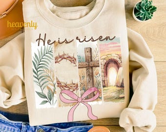 Feliz Pascua PNG Él ha resucitado PNG Diseño de sublimación cristiana Camiseta retro de Pascua Png, lazo coqueto Floral Primavera Png Pincelada Png
