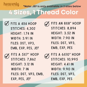 May include: A graphic showing four different embroidery hoop sizes with their corresponding stitch counts, height, width, and file types. The sizes are 4x4 inches, 5x7 inches, 6x10 inches, and 8x8 inches. The file types are DST, VP3, EMB, EXP, and PES. Note: JEF is only available in 2 sizes below.