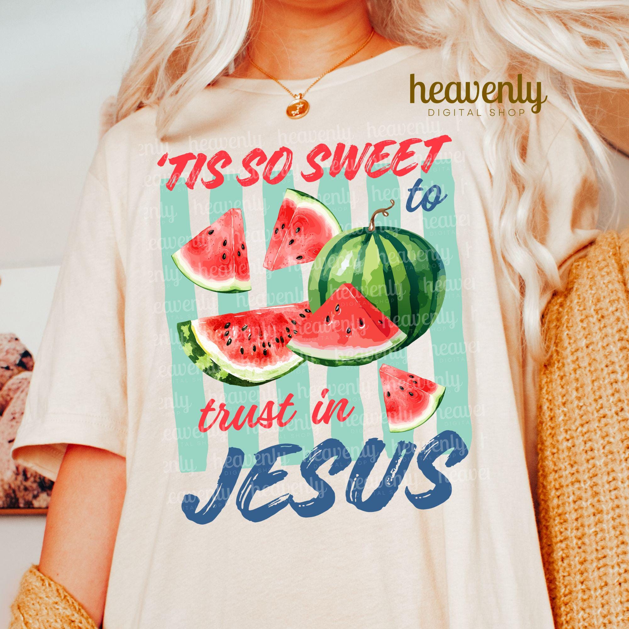 Watermelon Scripture Tis so Sweet to Trust in Jesus PNG, Stripes Christian PNG, Trendy Lines ...