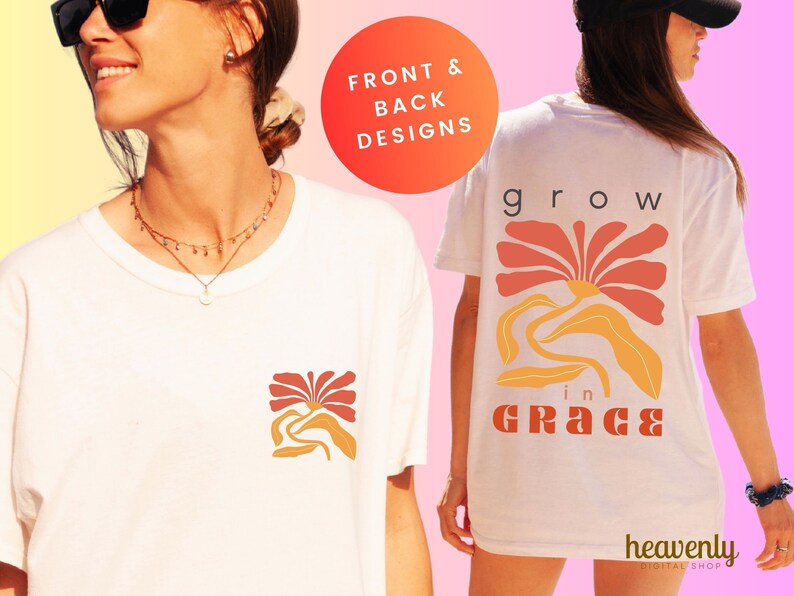 以下が含まれることがあります： 白いTシャツに、背面に花柄のデザインと「grow in grace」の文字がプリントされています。Tシャツの前面には、より小さな花柄のデザインが施されています。