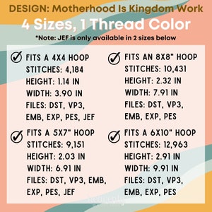 May include: A graphic showing four different embroidery hoop sizes with their corresponding stitch counts, heights, widths, and file types. The text "DESIGN: Motherhood Is Kingdom Work" and "4 Sizes, 1 Thread Color" is at the top of the graphic. The text "*Note: JEF is only available in 2 sizes below" is below the title.