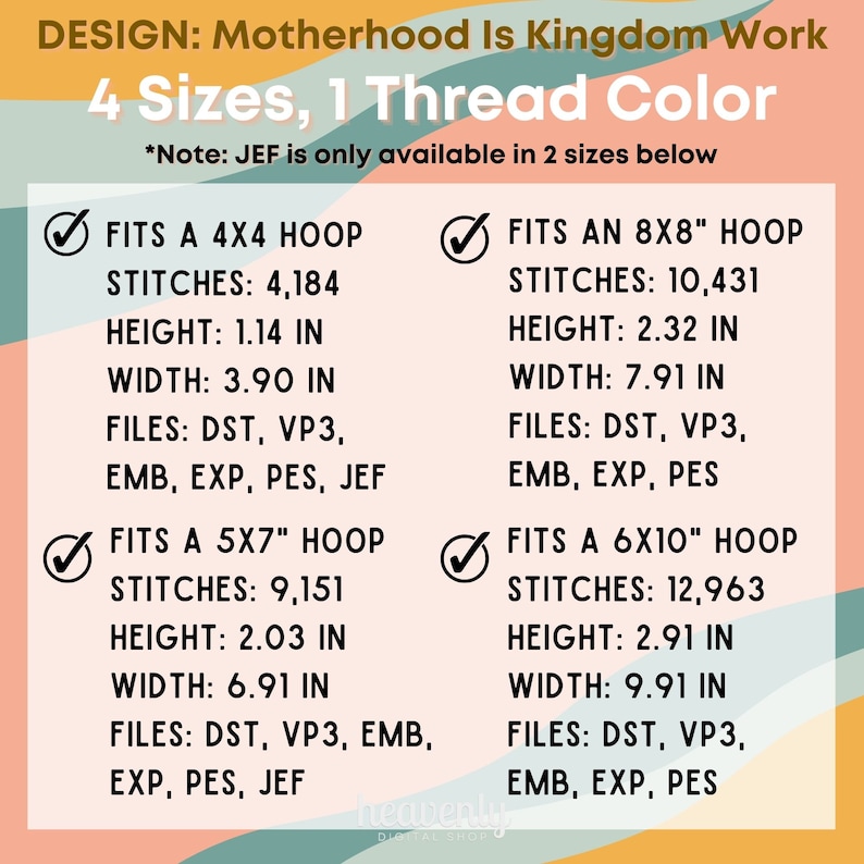 May include: A graphic showing four different embroidery hoop sizes with their corresponding stitch counts, heights, widths, and file types. The text "DESIGN: Motherhood Is Kingdom Work" and "4 Sizes, 1 Thread Color" is at the top of the graphic. The text "*Note: JEF is only available in 2 sizes below" is below the title.