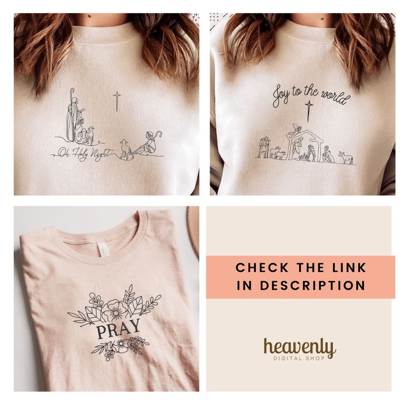 May include: Three different designs for a Christmas themed t-shirt. The first design features a nativity scene with the text "Joy to the world". The second design features a shepherd and sheep with the text "O Holy Night". The third design features a floral design with the word "PRAY" in the center.