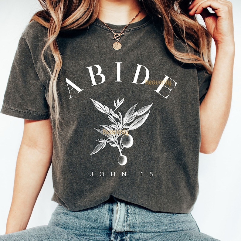 May include: A dark gray t-shirt with a white graphic design featuring the word "ABIDE" in large letters, a stylized branch with leaves and fruit, and the text "JOHN 15".