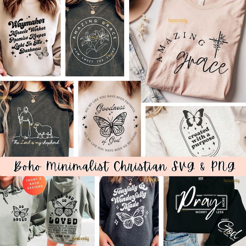 Pu&ograve; includere: Collezione di abbigliamento a tema cristiano con citazioni ispiratrici e grafiche di farfalle. I design includono "Waymaker", "Amazing Grace" e "Goodness of God" su varie magliette e felpe. La collezione ha uno stile boho minimalista.