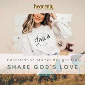 May include: A woman wearing a gray sweatshirt with the text "MY LORD - Jesus - MY SAVIOR" in a circle. The text is in a black cursive font. The woman is sitting on a blue scooter in a field of tall grass. The text "Conversation-starter designs that SHARE GOD'S LOVE" is at the bottom of the image.