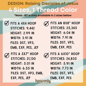 May include: A digital embroidery design for a machine embroidery project. The design is for a 4x4 inch hoop, a 5x7 inch hoop, an 8x8 inch hoop, and a 6x10 inch hoop. The design is for a project called "Raising Disciples of Jesus". The design includes the text "4 Sizes, 1 Thread Color".