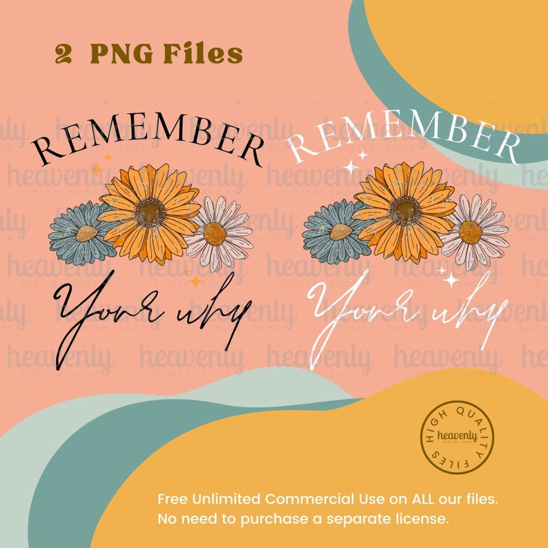 K&ouml;nnte beinhalten: Ein digitaler Download von zwei druckbaren Bildern mit einem pfirsichfarbenen Hintergrund und einem blauen und gelben Design. Die Bilder zeigen den Text "Remember Your Why" mit einem floralen Design aus Sonnenblumen und G&auml;nsebl&uuml;mchen.