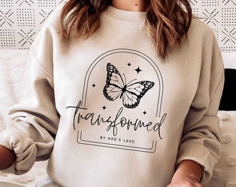 Transformed Butterfly svg PNG Christian Sublimation Bible Verse Tshirt design downloads Clipart Graphic, Transformed by God&#39;s Love Butterfly