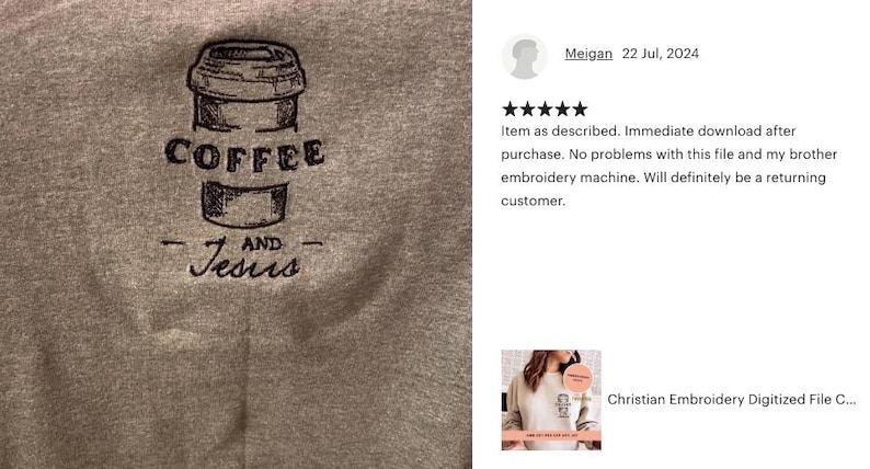May include: Embroidered design on a gray sweatshirt featuring a coffee cup and the text "COFFEE AND Jesus".